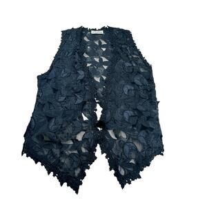 Gina Blamez Black Lace Appliqué Sheer Vest Y2K Goth Boho Size Large